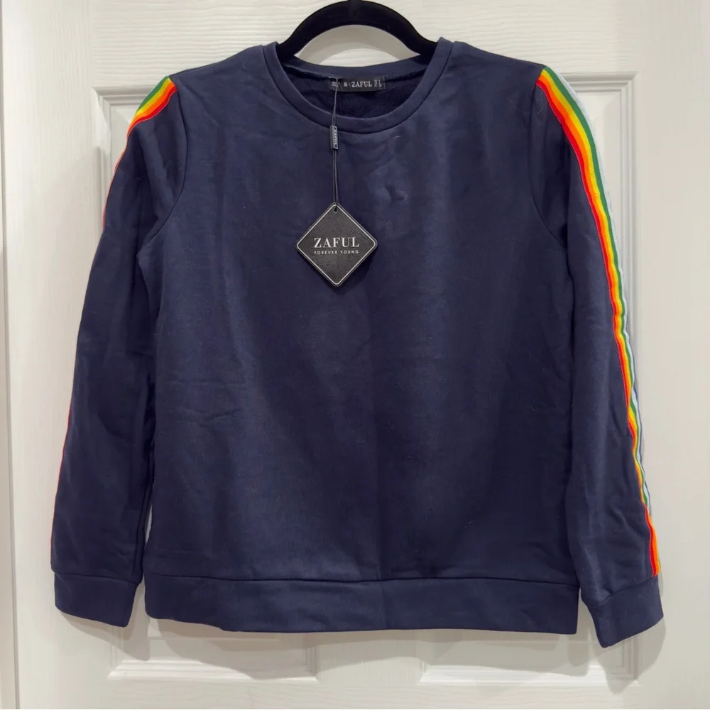 Navy Blue Pullover Sweatshirt with Rainbow Striped Ribbon Panels on the Arms NWT - Picture 6 of 14